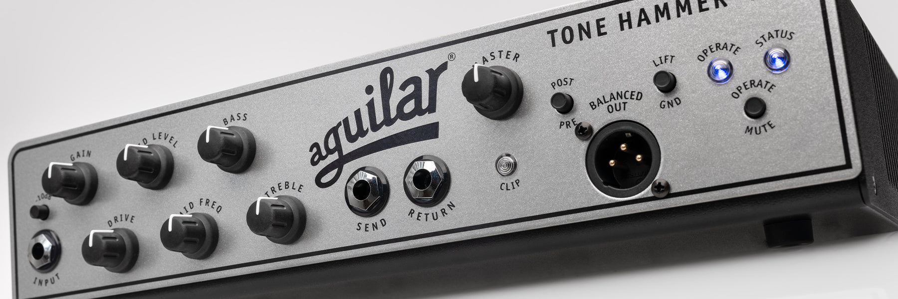 Aguilar TH700 bass amp front closeup on a solid background
